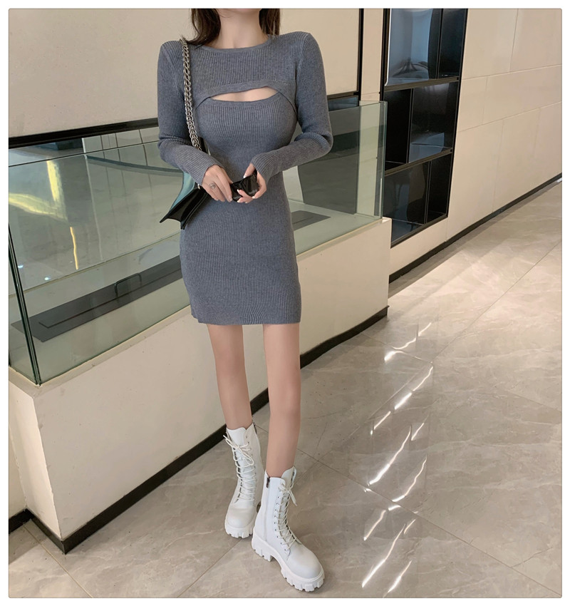 Real shot real price hollow out sexy short long sleeve blouse + slim fit with suspender dress knitted two piece set