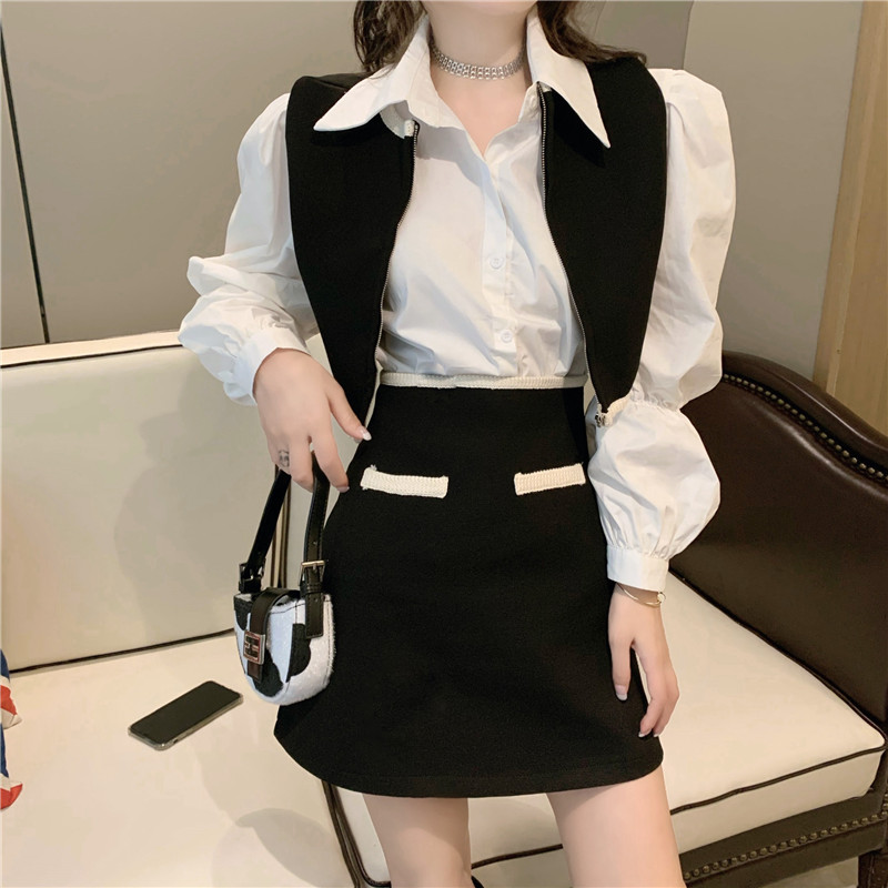 Real price small fragrance lantern long sleeve shirt + front and back short Vest + A-line skirt three piece set