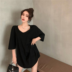 Real price Hong Kong Style loose lazy wind side split knitted short sleeve T-shirt versatile solid color medium length top