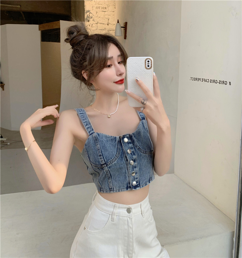 Real price retro single breasted denim sling summer versatile sexy short navel vest