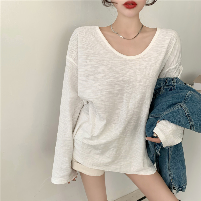 Real price Korean loose irregular design solid color long sleeve T-shirt