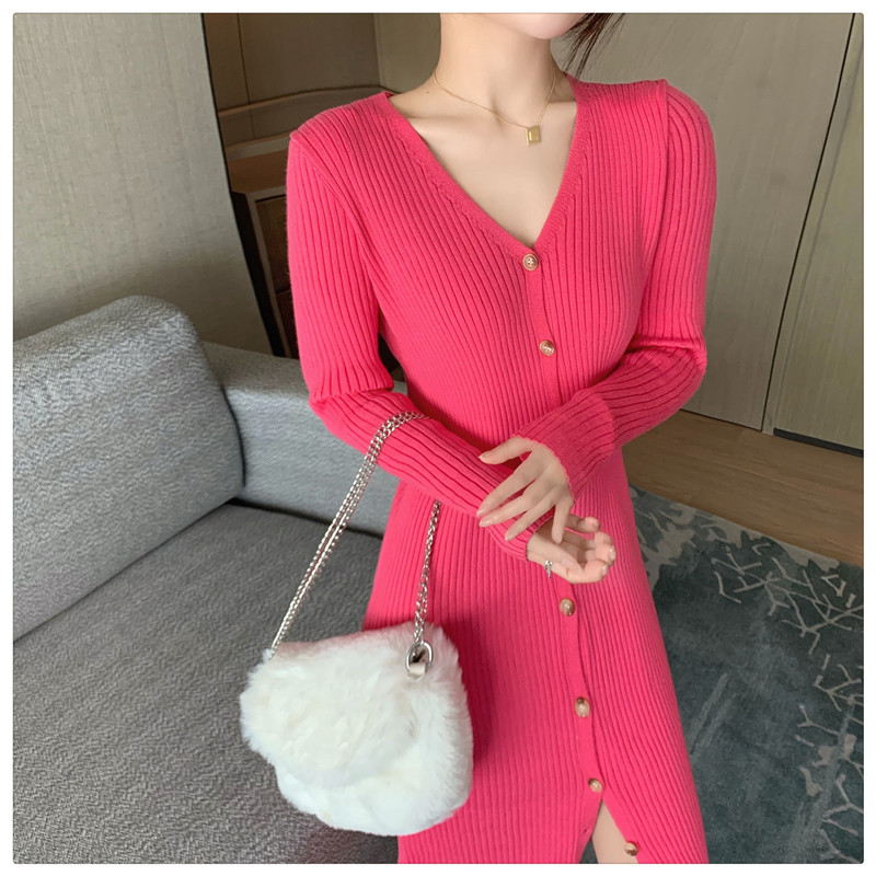 Real price temperament V-neck over the knee cardigan knitted dress slim and slim, medium length thickened wool dress for women