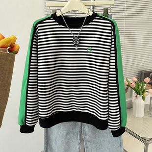 条纹卫衣女春秋长袖2025新款宽松大码慵懒时尚洋气中长款圆领上衣