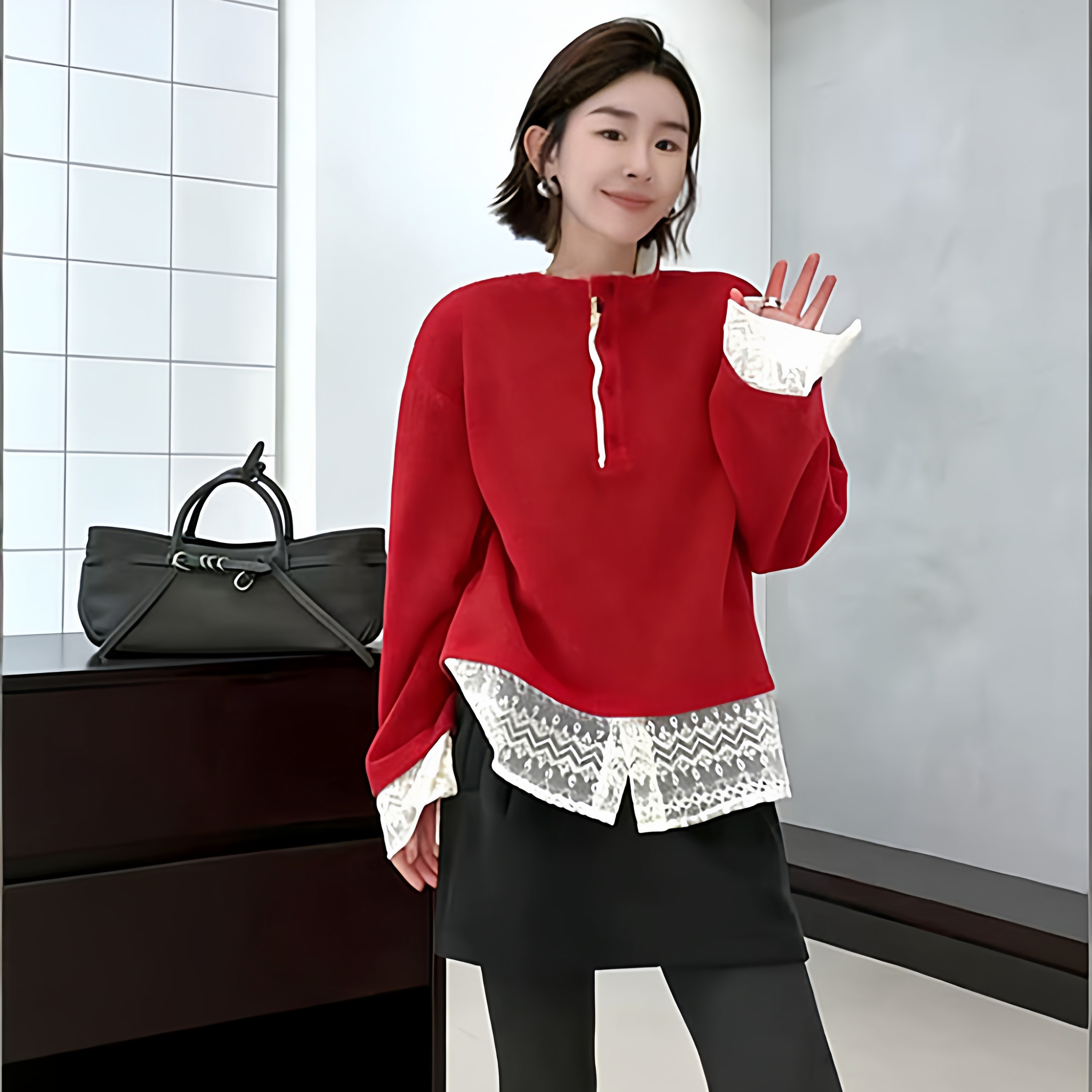 立领加绒长袖卫衣女2025冬季新款韩版时尚蕾丝拼接洋气百搭上衣潮