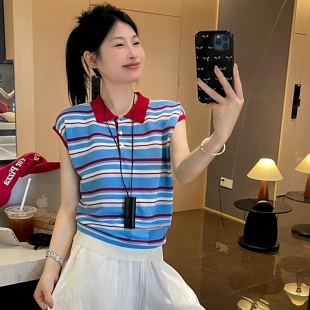 条纹t恤女夏短袖宽松大码胖mm小飞袖学院风减龄上衣polo领针织衫