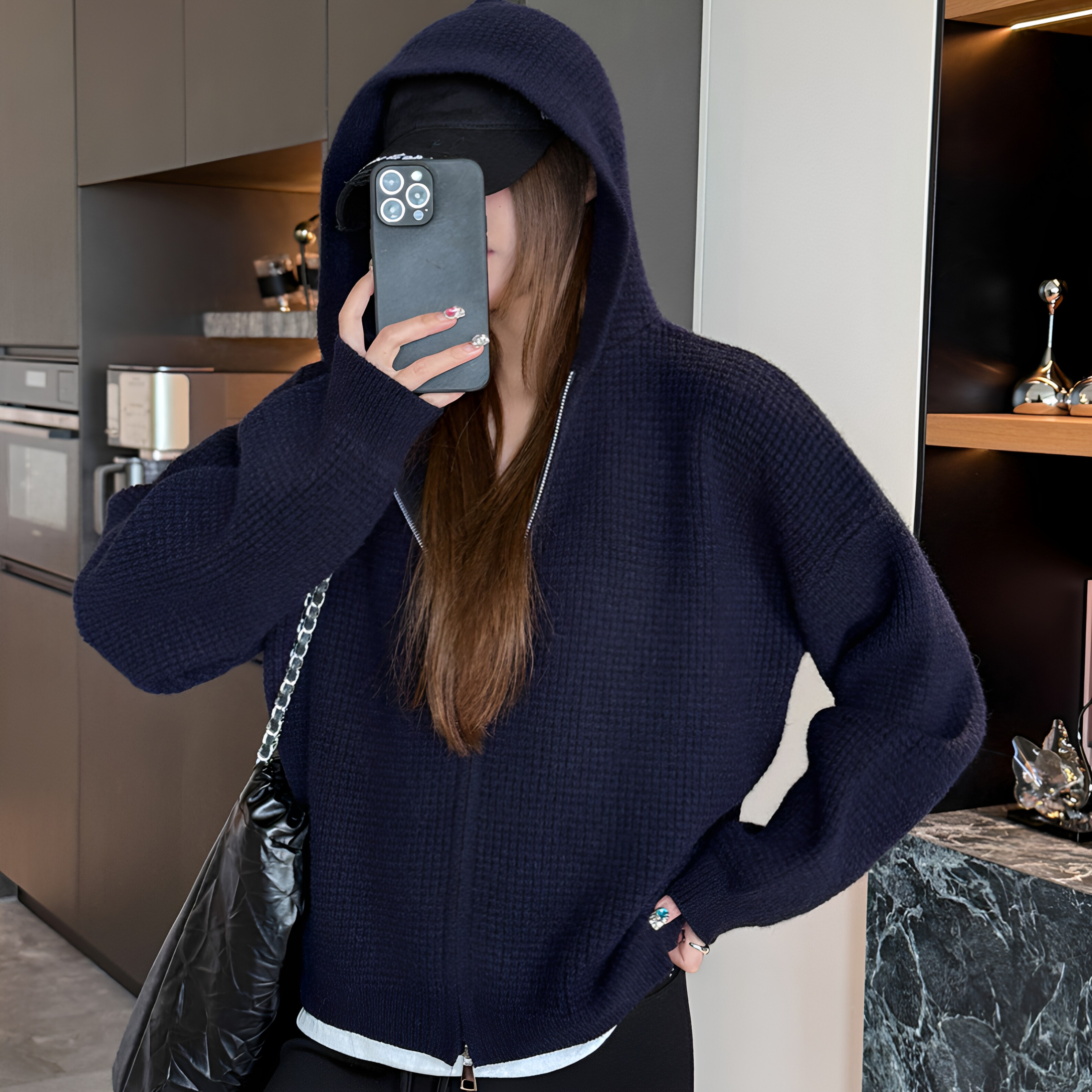 华夫格拉链开衫连帽卫衣女胖mm大码秋冬长袖宽松休闲百搭纯色外套