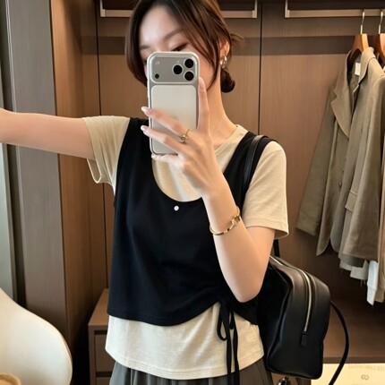 圆领短袖黑色假两件套上衣女夏设计感小众抽绳微胖mm显瘦棉质T恤