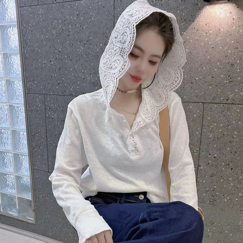 白色连帽蕾丝长袖罩衫上衣女春夏早春宽松薄款内搭打底衫t恤卫衣