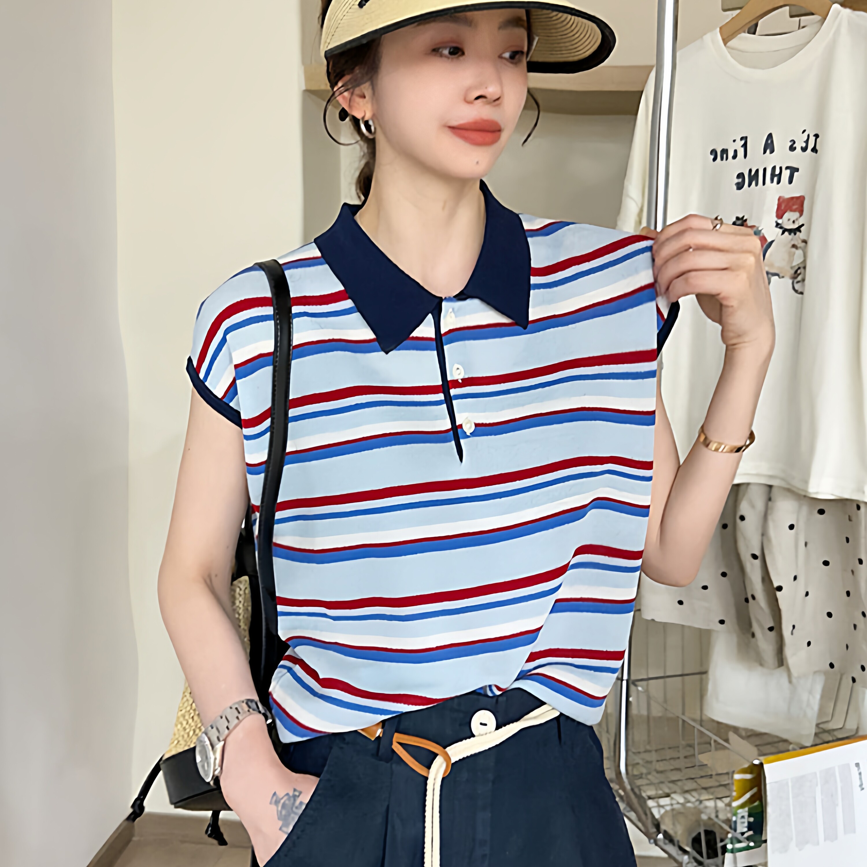 条纹t恤女夏短袖宽松大码胖mm小飞袖学院风减龄上衣polo领针织衫