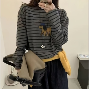 圆领条纹长袖德绒打底衫女可外穿秋冬季大码宽松磨毛T恤百搭上衣