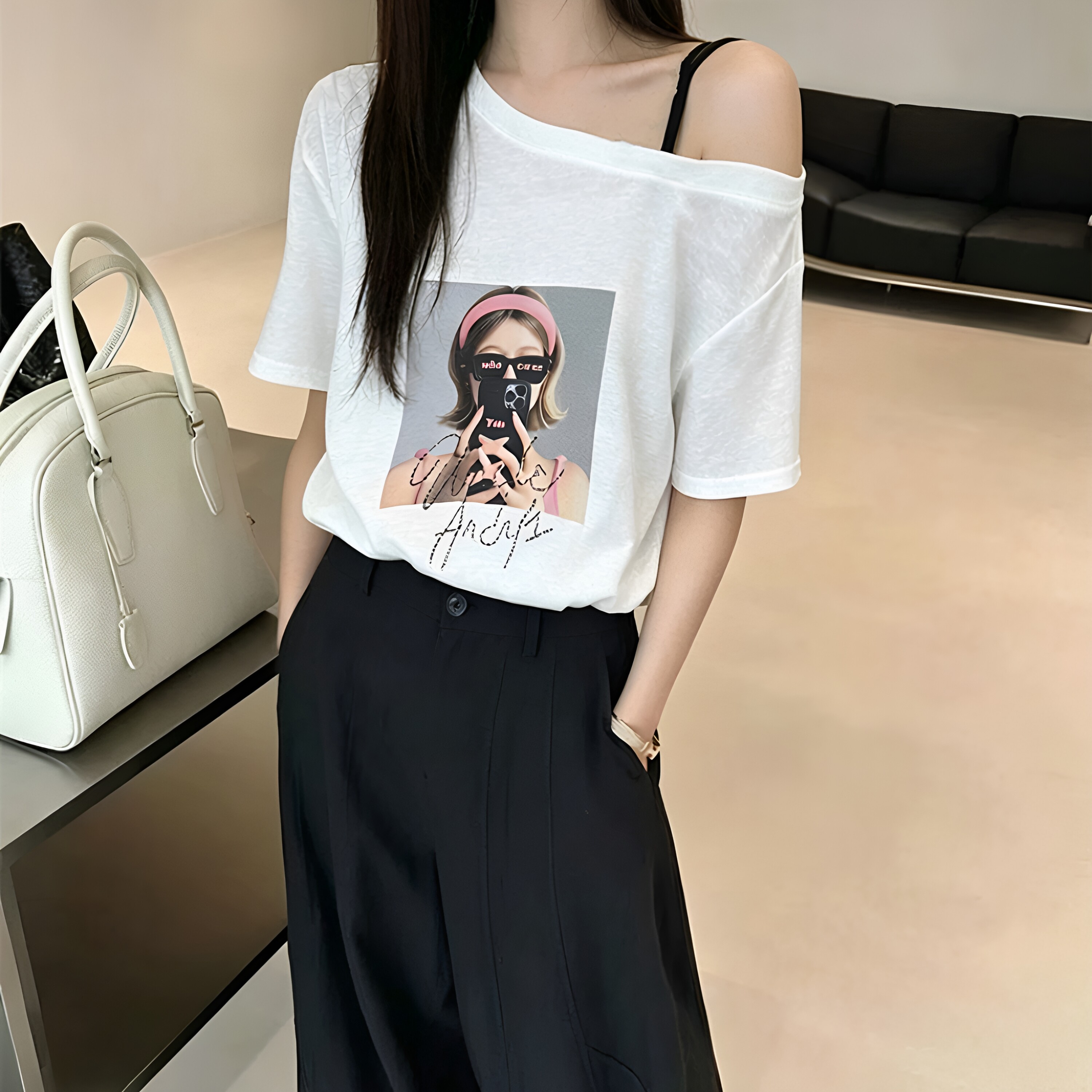 斜领露肩小众设计感女短袖T恤夏