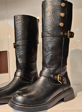 实体店女鞋2025春秋款单靴皮带扣骑士靴女高筒长靴机车靴VL5807-2