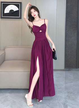 夏季紫色性感镂空开叉收腰绝美长裙海边度假风沙滩裙吊带连衣裙女