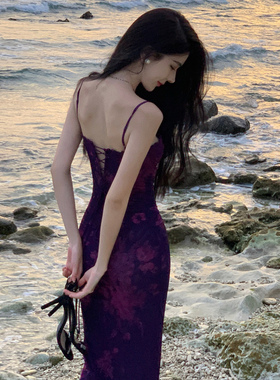 紫色碎花御姐气质包臀显瘦度假风海边沙滩裙抹胸吊带连衣裙女夏季