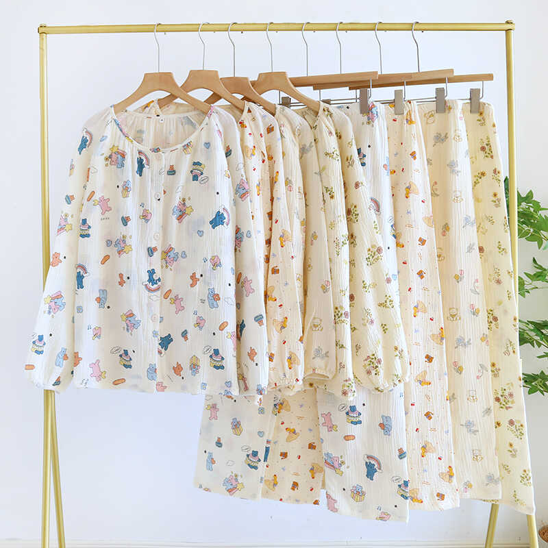 棉婴儿纱纯棉双层纱布春秋季月子服可调节套装孕期产后哺乳睡衣