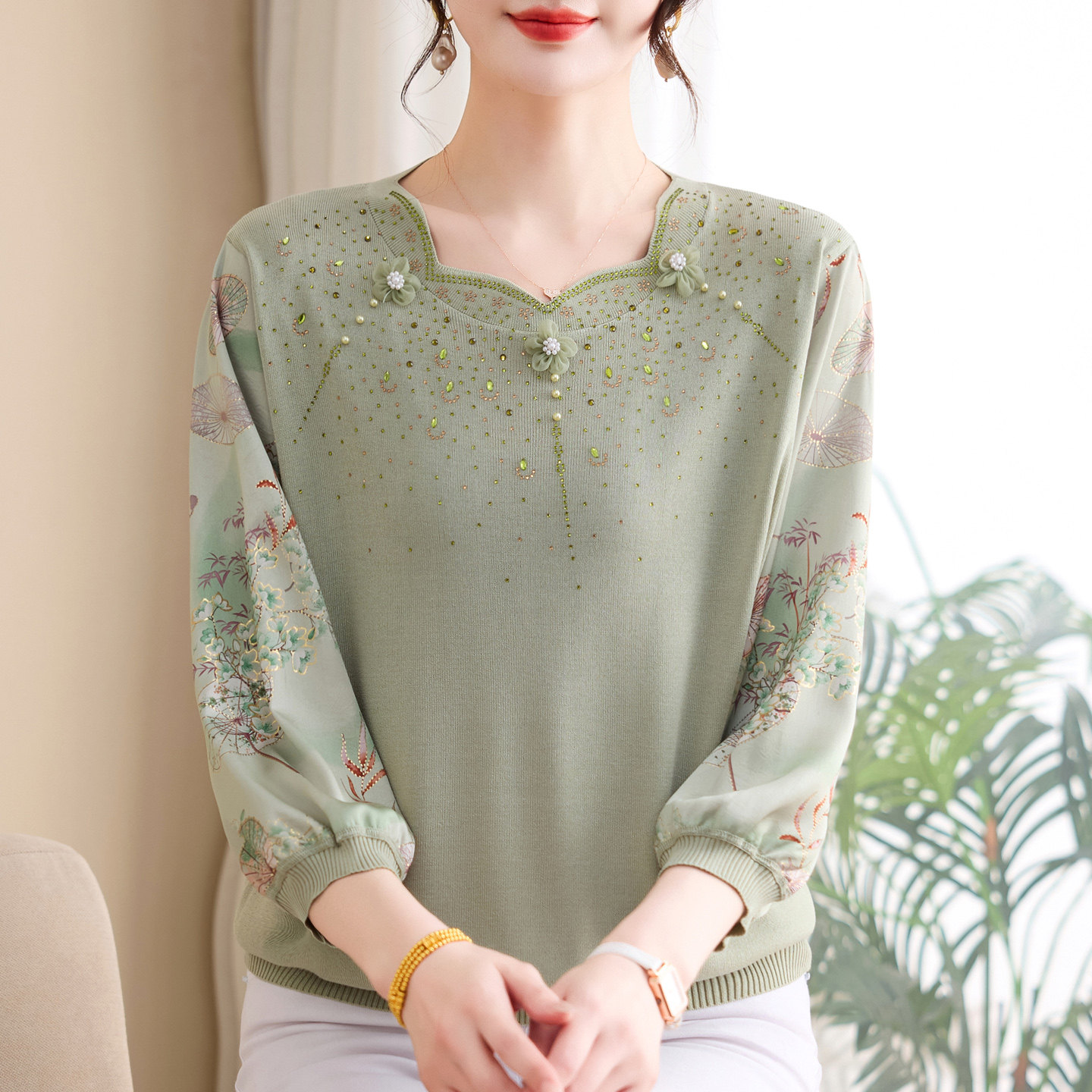 洋气绣花7分纱袖T恤薄针织衫加肥加大码中老年妈妈春季桑蚕丝上衣