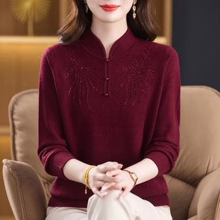 秋冬中老年妈妈纯羊绒衫上衣加肥加大码女装旗袍领绣花针织打底衫