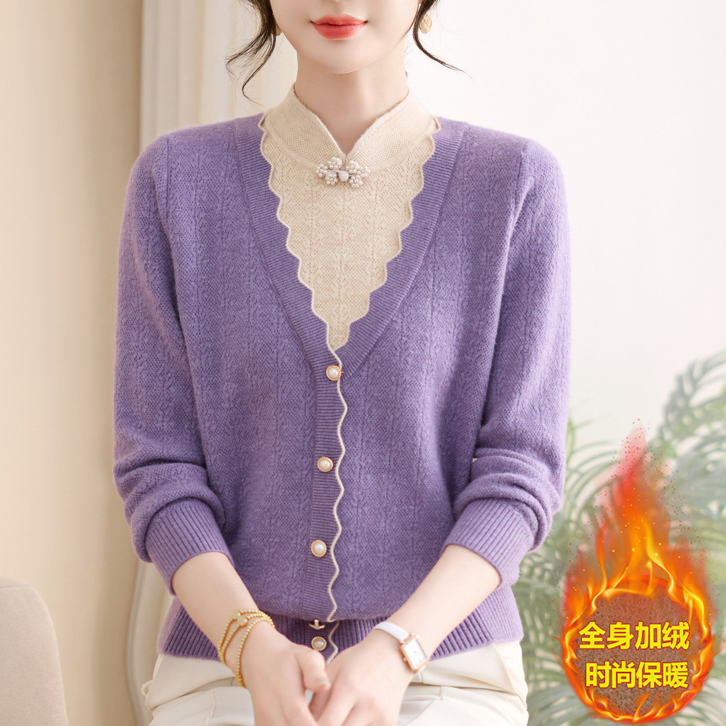 新中式假两件加绒厚毛衣女中老年妈妈加肥特大码立领一体绒针织衫,女装/女士精品,中老年女装,淘宝优惠券,粉丝福利购,淘宝优惠卷