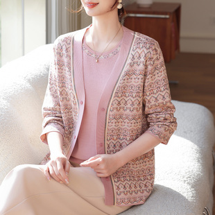 女两件套加肥加大码 中老年洋气冰丝上衣 外套妈妈印花针织开衫 春装