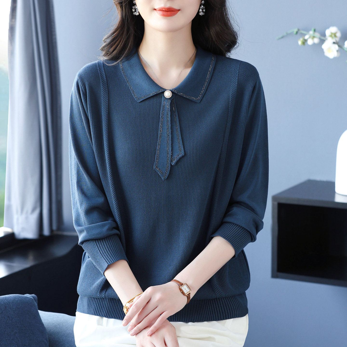 中老年妈妈翻领针织衫女春装长袖冰丝T恤加肥加大码宽松洋气上衣