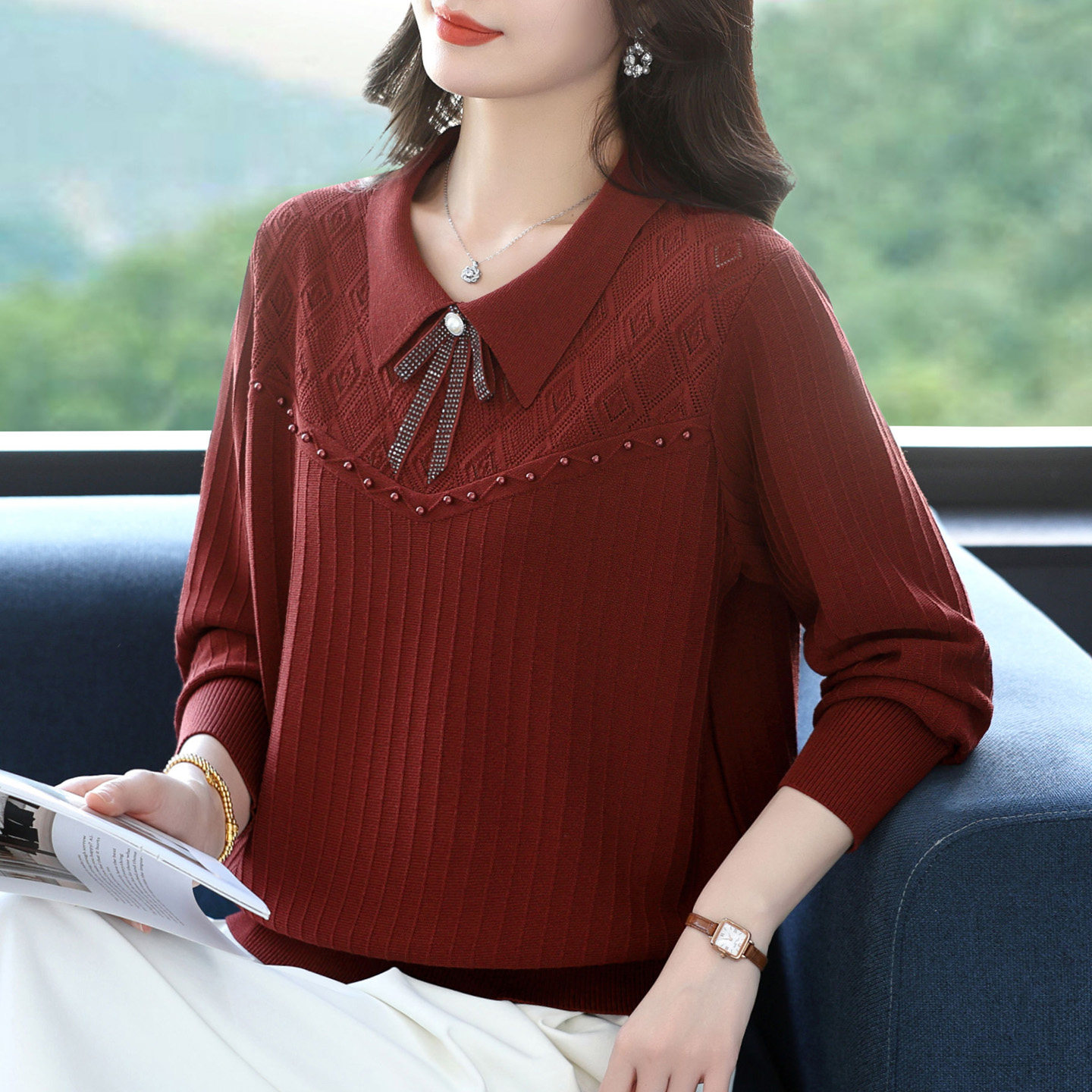 洋气中年妈妈翻领蝴蝶结针织衫春装上衣加肥加大码宽松桑蚕丝T恤