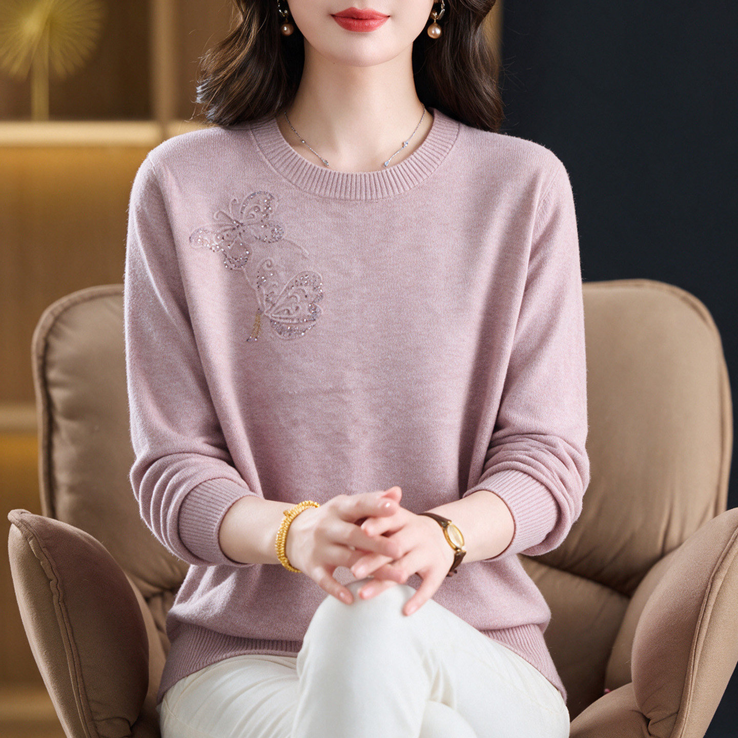 洋气高贵中老年妈妈提花羊绒衫加肥加大码女装秋冬宽松针织打底衫