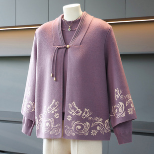 洋气妈妈针织开衫两件套中老年加肥加大码女装新中式秋冬毛衣外套