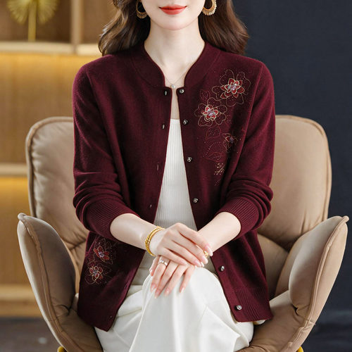 100%纯羊绒针织开衫女绣花立领外搭加肥加大码中老年妈妈中式外套