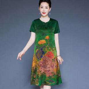胖妈妈真丝连衣裙过膝夏季加肥加大码中老年桑蚕丝国风改良旗袍裙