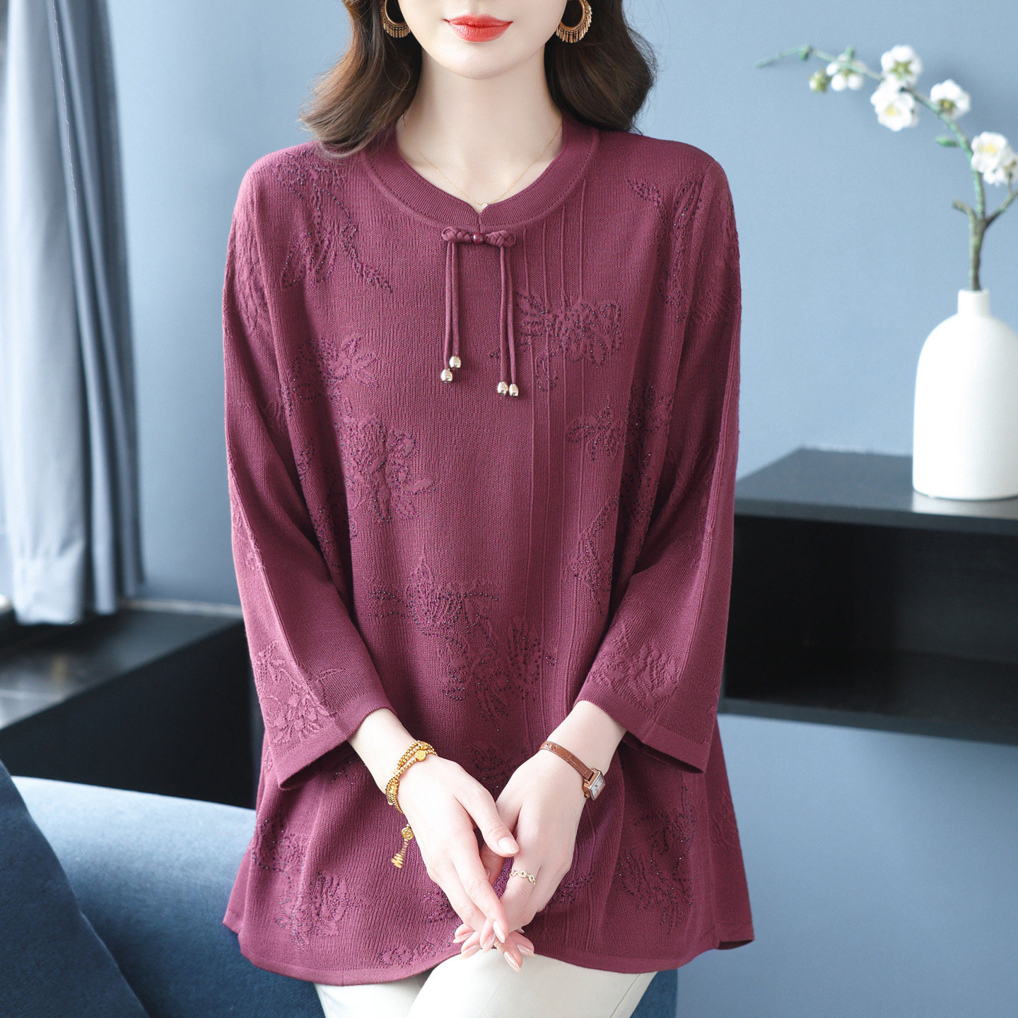 春装新中式冰丝上衣中老年妈妈特大码女装200斤桑蚕丝洋气高贵T恤