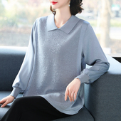 针织衫 宽松遮肚真丝T恤长袖 女装 中年妈妈春秋翻领上衣加肥特大码