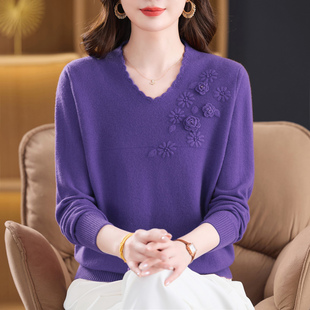 100%纯羊绒衫女立体花朵针织上衣加肥加大码中老年妈妈秋冬打底衫
