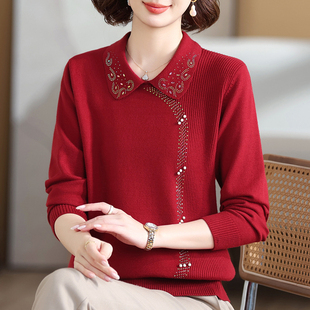 200斤高贵遮肚羊绒衫 女装 中老年妈妈春秋翻领针织上衣加肥特大码