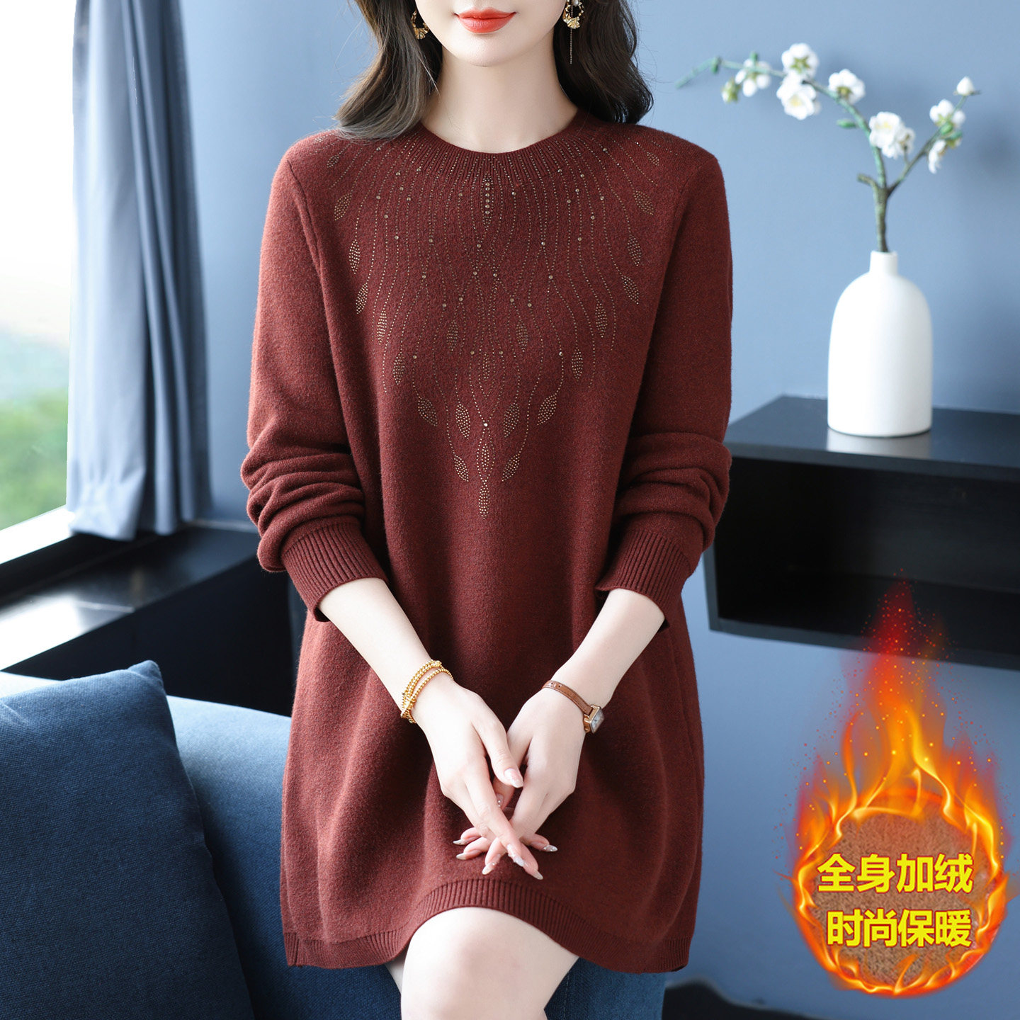 中老年妈妈加厚加绒毛衣女中长款遮肚显瘦加肥特大码保暖针织衫冬