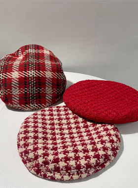 复古格纹贝雷帽女童秋冬日系休闲百搭画家帽男童红色系新年报童帽