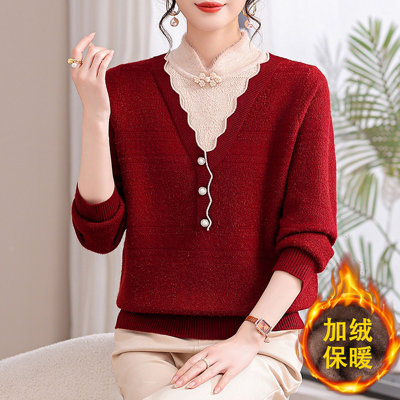 假两件一体绒针织衫女加绒加厚保暖毛衣洋气纽扣套头衫水貂绒