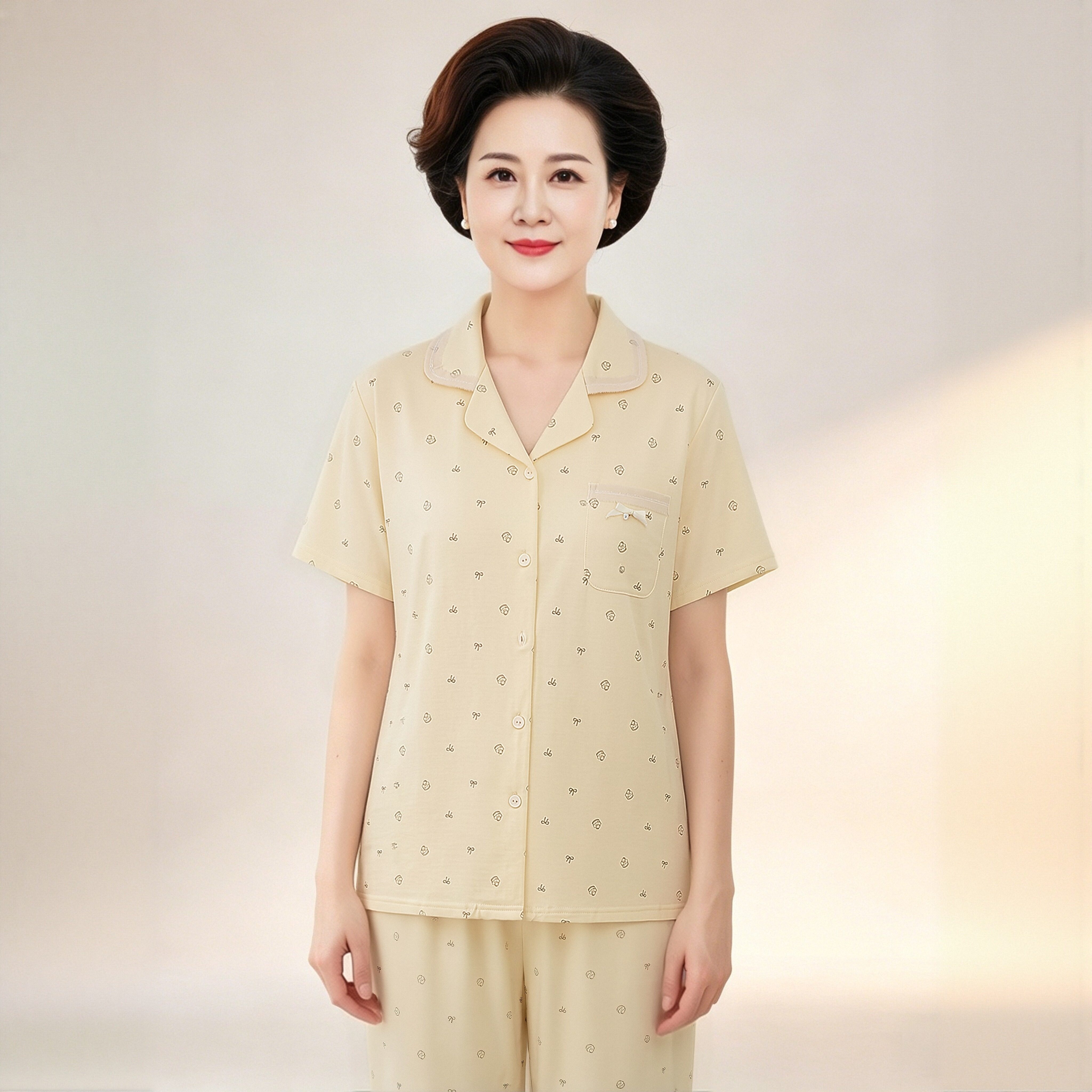带胸垫睡衣女夏季短袖奶黄色干净清新感全棉面料中老年妈妈家居服