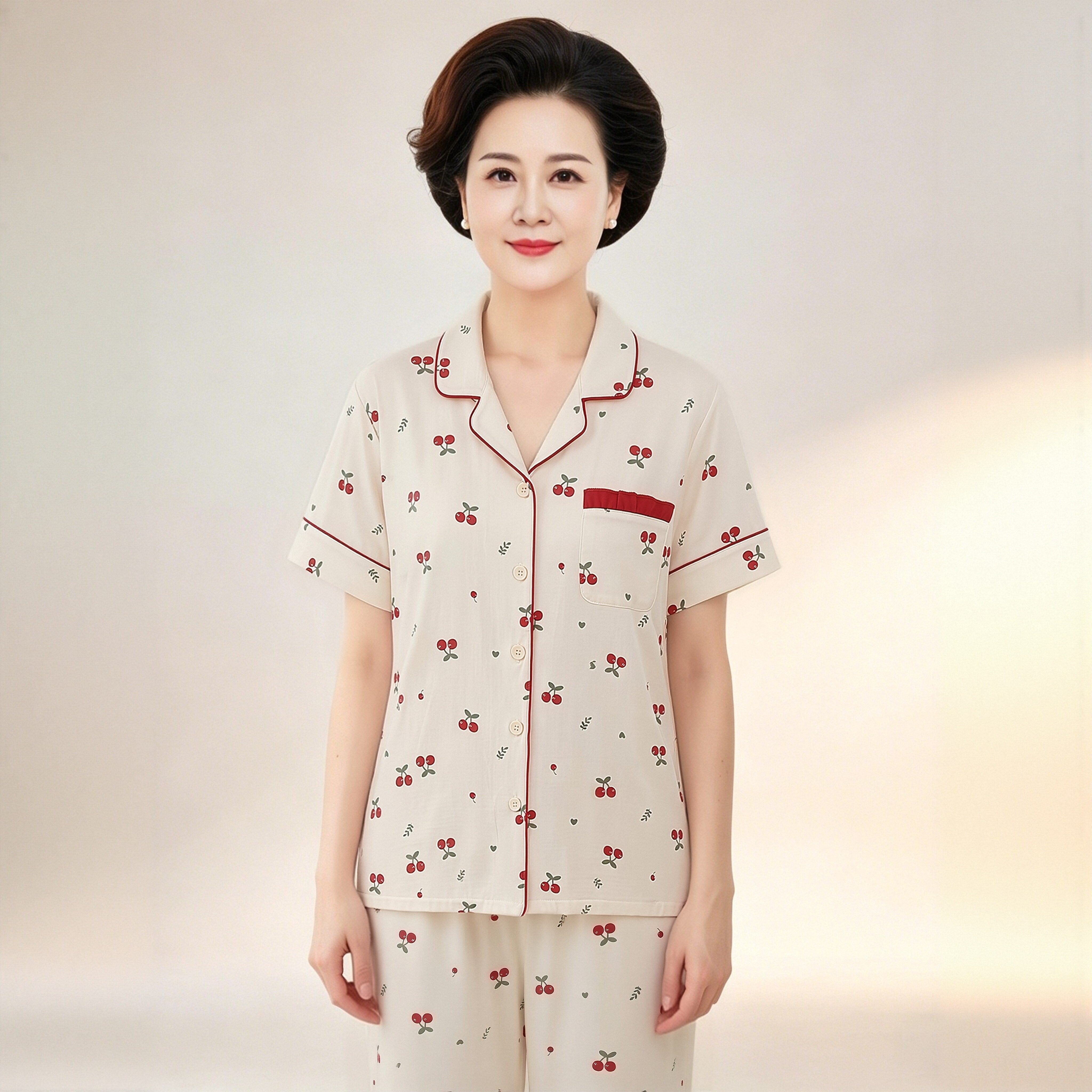 带胸垫妈妈睡衣女夏季短袖樱桃印花衬衫领40-50岁半袖长裤家居服