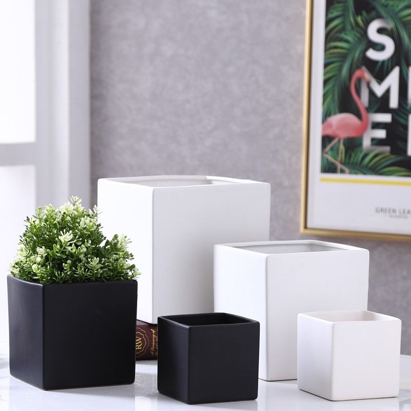 陶瓷花盆家用正四方形带托盘无孔北欧绿萝多肉室内亚光黑白颜色