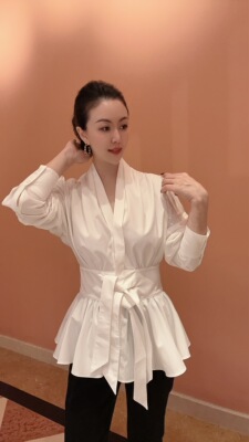 V领褶皱系带收腰长袖衬衫上衣