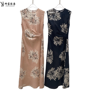 6331研家轻奢简约休闲褶饰收腰无袖 印花连衣裙