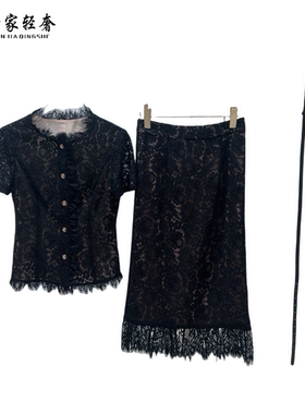 5949研家轻奢端庄大气黑色镂空蕾丝上衣+半身裙套装（送腰带）