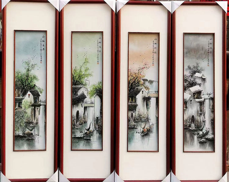 景德镇陶瓷画手绘瓷板画四条屏山水风景瓷画客厅装饰画新中式挂画