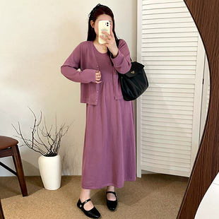 大码女装v领针织套装2025秋胖mm开衫女内搭背心连衣裙两件套23089