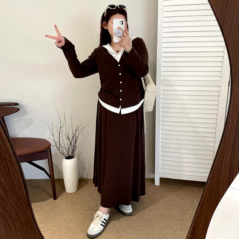大码女装连帽假两件上衣女半裙两件套2025秋款胖mm针织套装NT1295