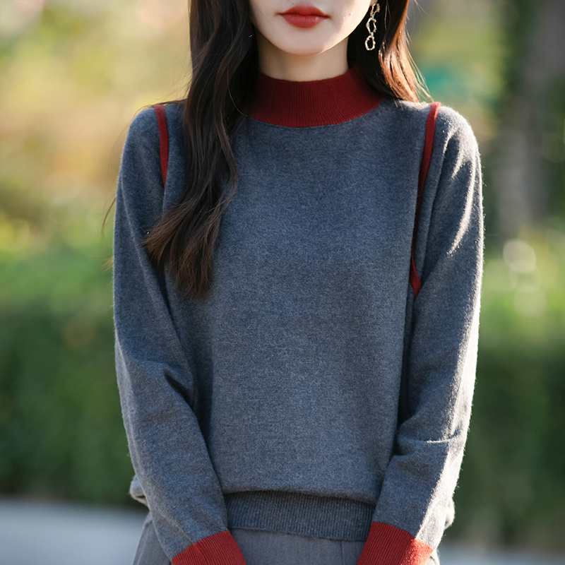佰威斯利2025新款半高領(lǐng)拼接針織打底衫女春秋款內(nèi)搭大碼女裝毛衣