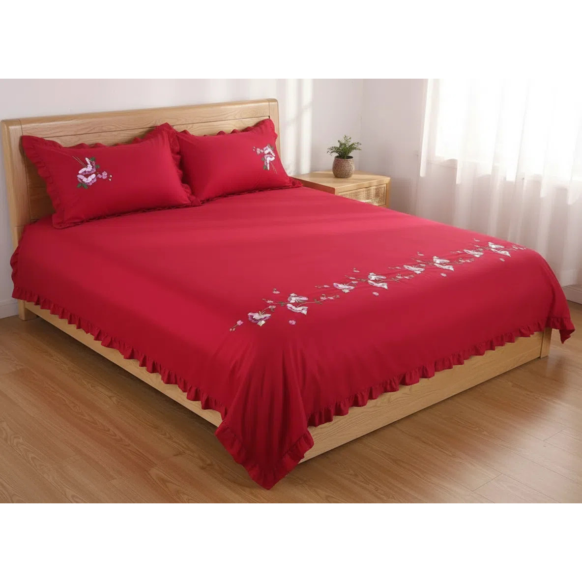婚庆纯棉刺绣公主风床单大红色荷叶边床单三件套床单枕套全棉绣花