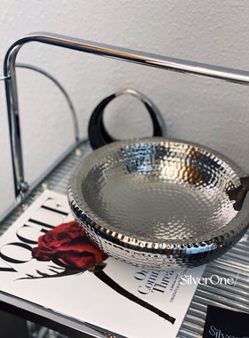 SilverOne高档水果盘高级电镀银色石锤纹现代轻奢客厅双层陶瓷盘