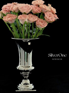 SilverOne欧式大口径陶瓷花瓶高级银色现代入户落地装饰花器摆件