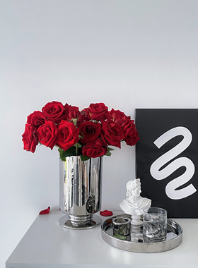 SilverOne美式直身大花瓶矮脚简约高级镀银色客厅餐桌插花器装饰